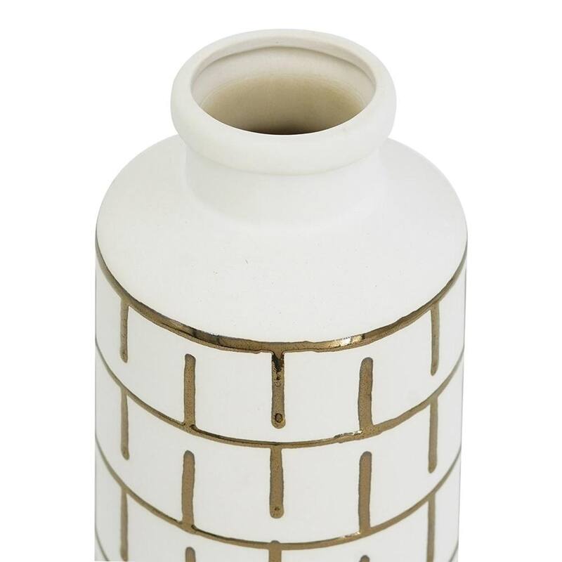 12" Ivory And Gold Geometric Cylindrical Ceramic Table Vase - 5.50