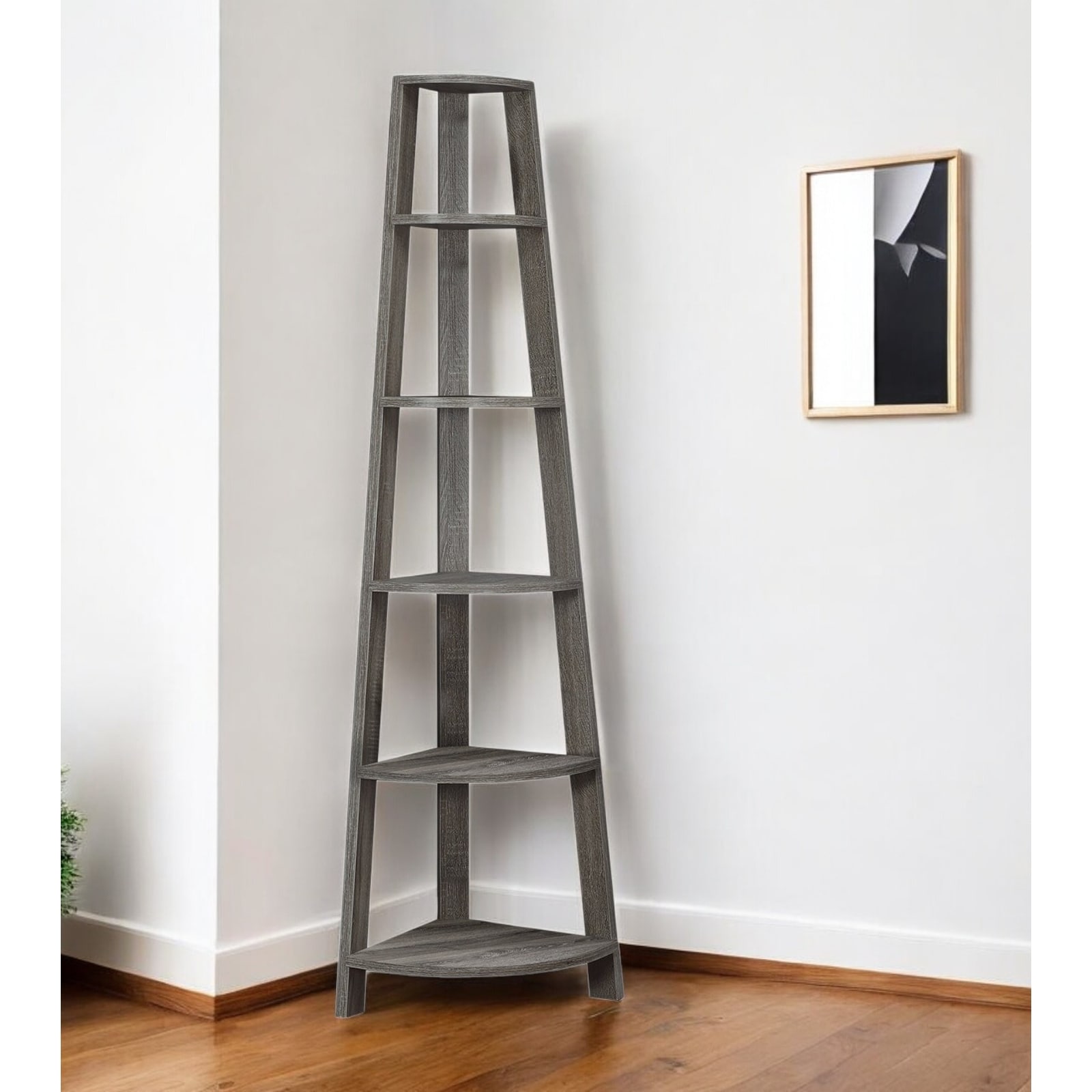 HomeRoots 71" Taupe Wood Five Tier Corner Bookcase - 22.5