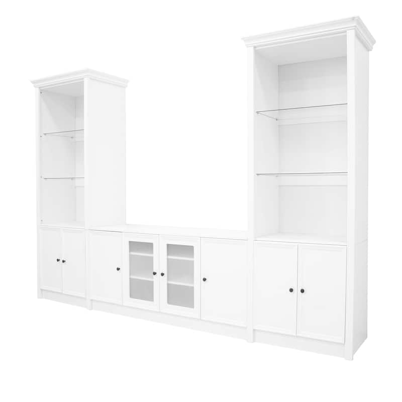 128" Wall Unit Entertainment Center with Bookshelves, Wood Media Console TV Storage Cabinets with Glass Doors for TVs up to 80"