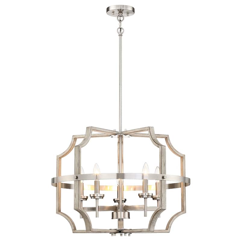 Richwood 5-Light Brushed Nickel/White-Washed Wood Tone Modern Farmhouse Chandelier - 65.5'' H Max