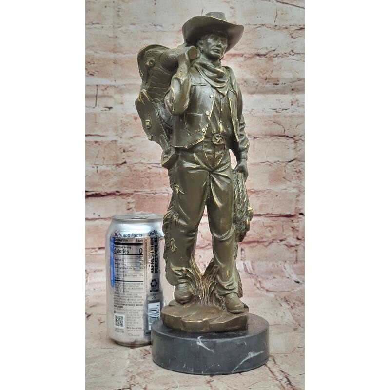 Cowboy With Saddle Bronze Sculpture - Wild West Rancher Western Art