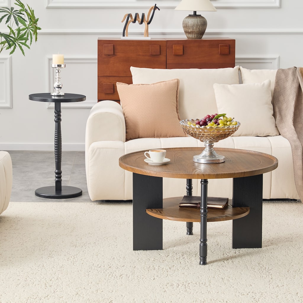 Roomfitters 2-Piece Round Coffee Table and Side Table Set, Storage, Walnut and Black Wood Grain Table for Small Spaces