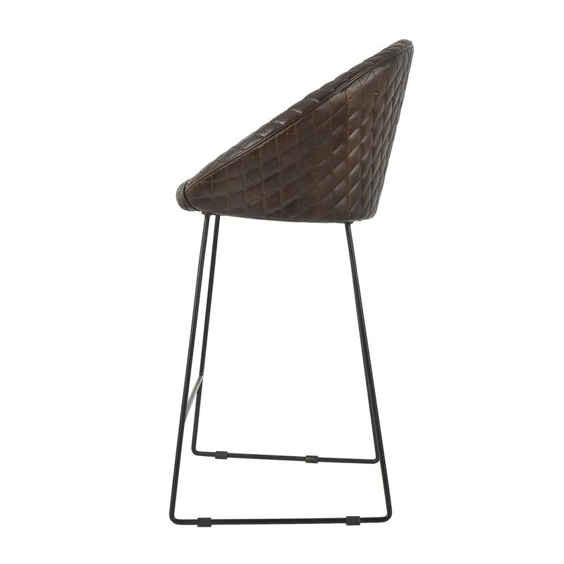 Leather Round Diamond Tufted Bar Stool with High Back and Black Metal Legs - Set of 2 Brown or Dark Brown - Roche River Decor