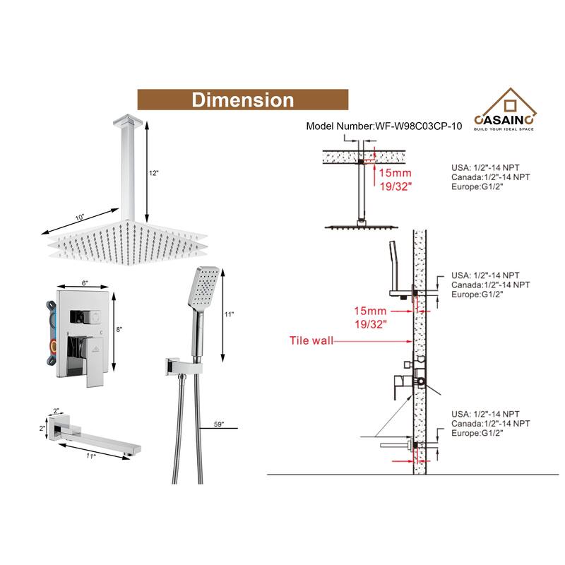 3 Function 10" Ceiling Mount Dual Shower Heads Shower System