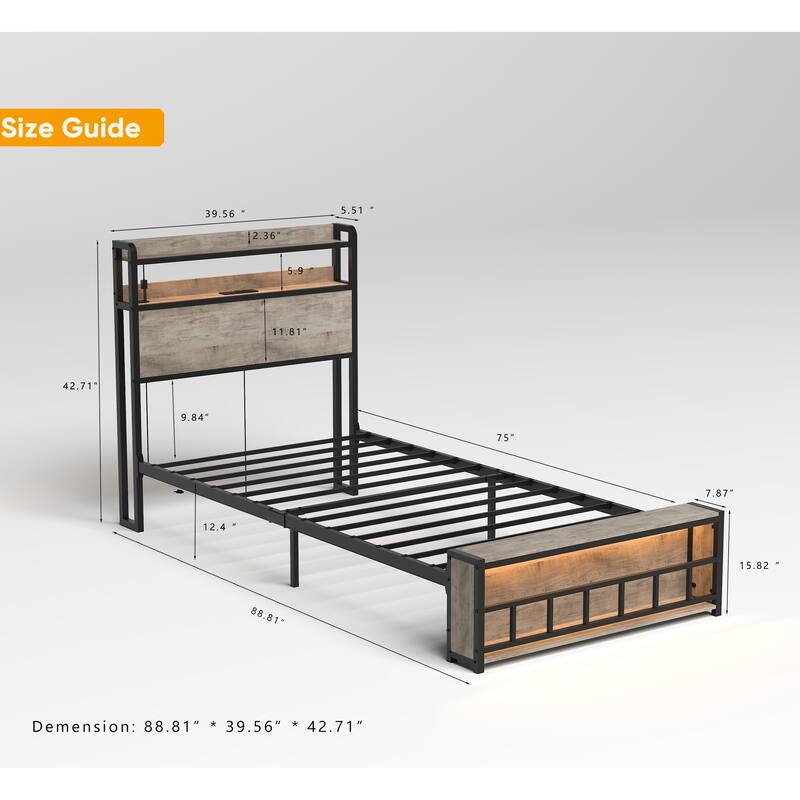 Twin Size Bed Frame with LED Headboard and Storage Shelves