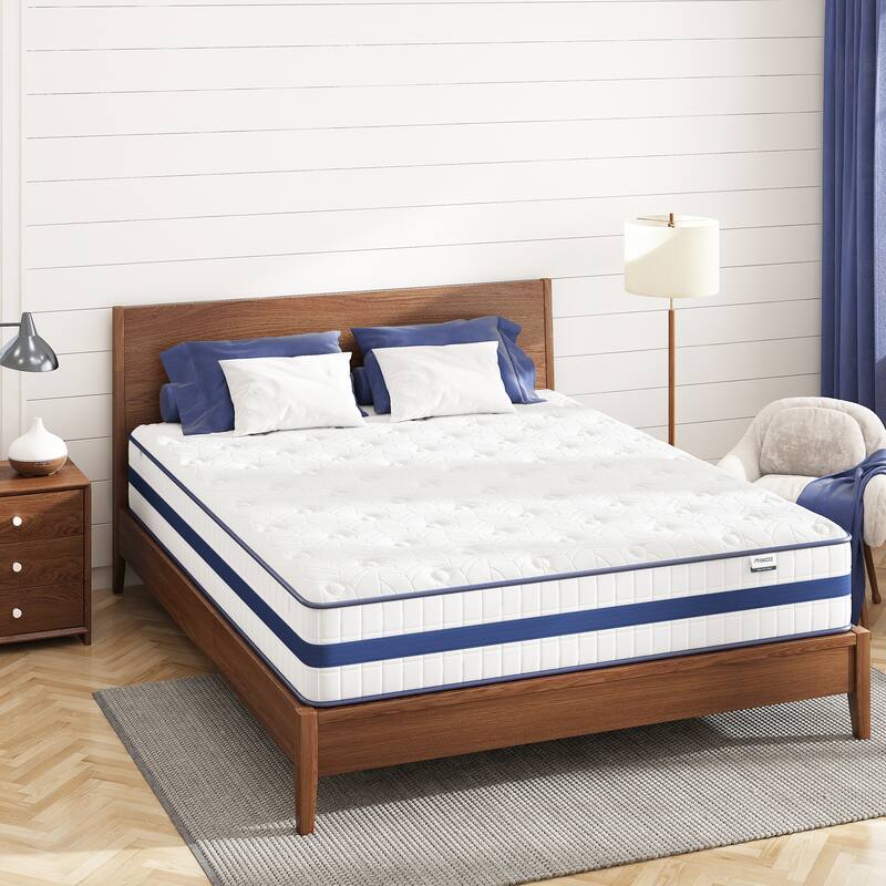 Roomfitters 12 Inch Queen Hybrid Mattress, High Density Memory Foam and 7-Zone Pocket Spring Bed for Back Support, White+Blue