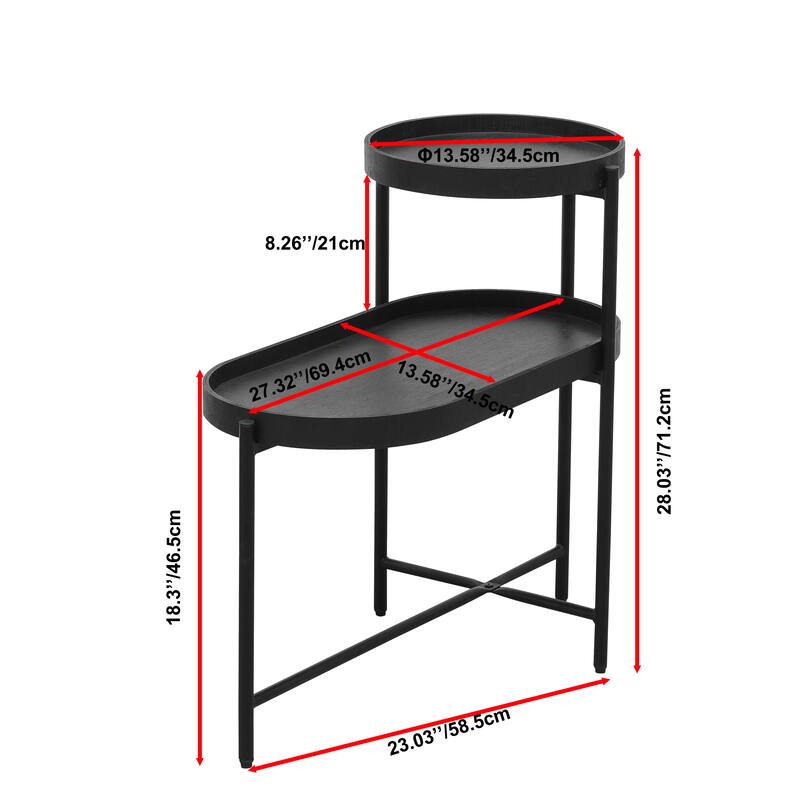 2-Tier Side Table with Black Metal Frame, Wooden Desk End Table, Storage Sofa Table for Living Room