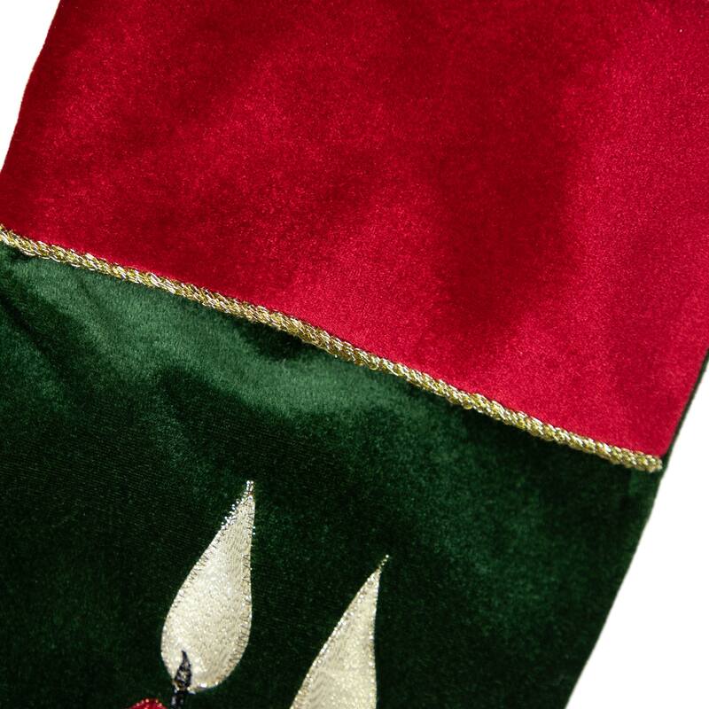 20" Dark Green Burgundy Candle Pine Cone Velveteen Christmas Stocking