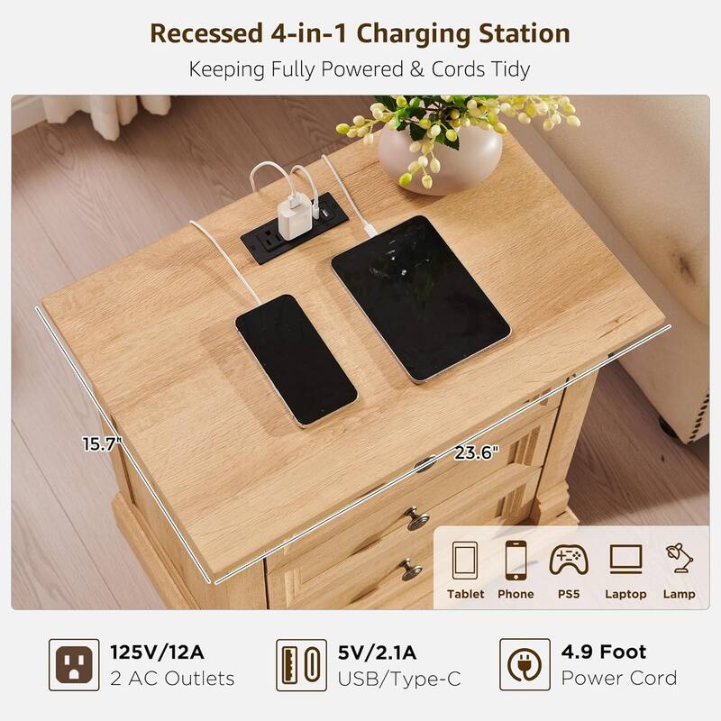 Farmhouse 3 Drawers Nightstand with Charging Station, Rustic End Table