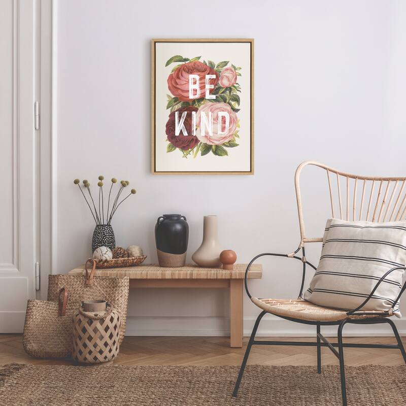 Kate and Laurel Sylvie Vintage Flowers Be Kind Framed Canvas by The Creative Bunch Studio