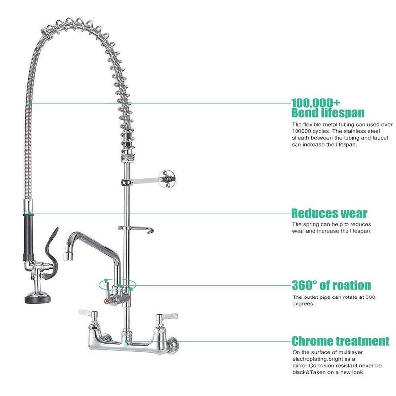 Commercial Wall Mount Kitchen Faucets Pre-Rinse Sprayer, 12 In Swivel Spout