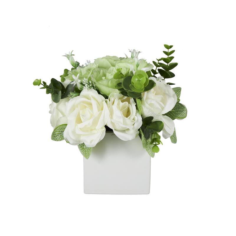 White Fabric Artificial Flower with Green Leaves and Square Ceramic Vase