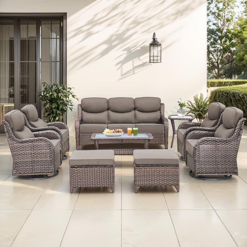 Gymojoy 9-Piece Patio Furniture Set with Swivel Glider Chairs, 6-Inch Ultra-Plush Cushions & Water-Resistant Olefin Fabric - Brown Wicker / Grey Cusion - 9-Piece