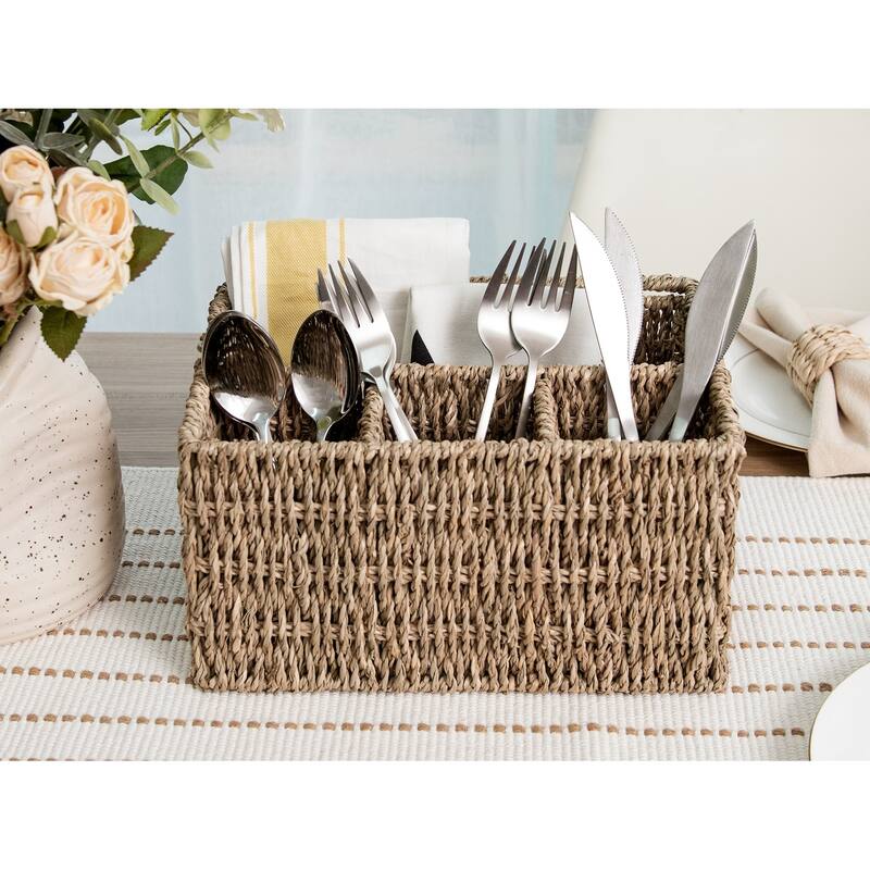 Hand-Woven Wicker Cutlery Holder with Handle, Flatware Basket Organizer