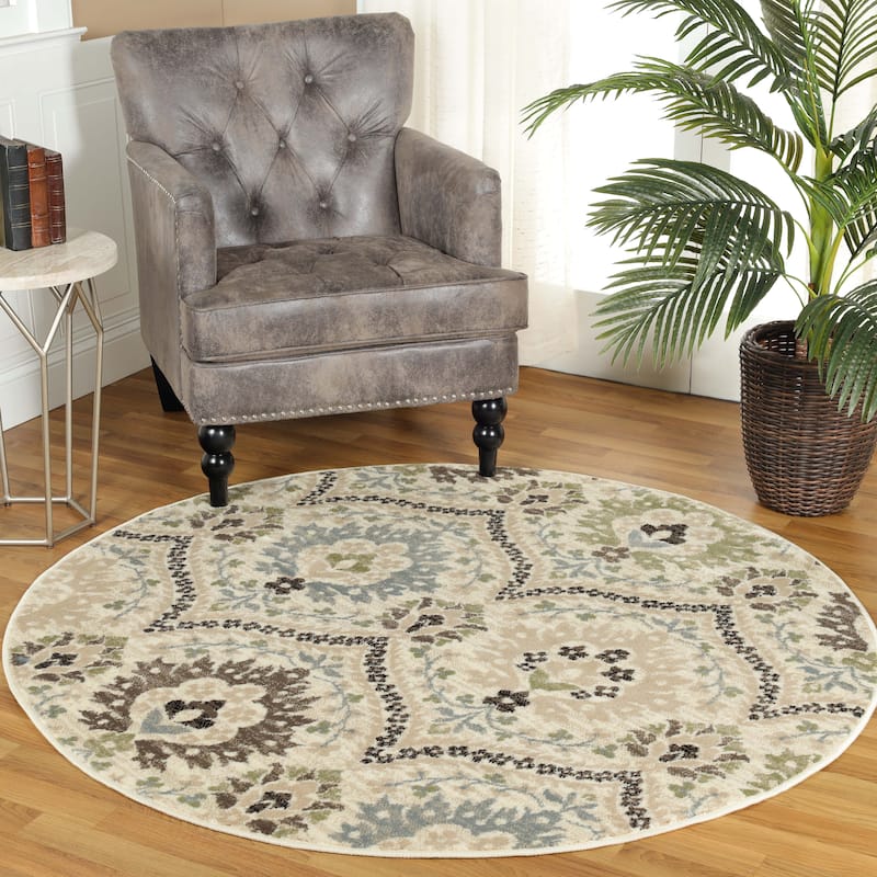 Superior Oriental Traditional Damask Indoor Area Rug or Runner - 8' Round - Multi-Colored