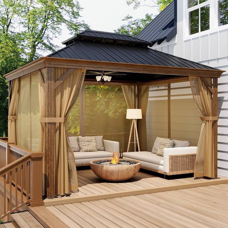 COSIEST 10'x12'Hardtop Gazebo with Netting and Curtains