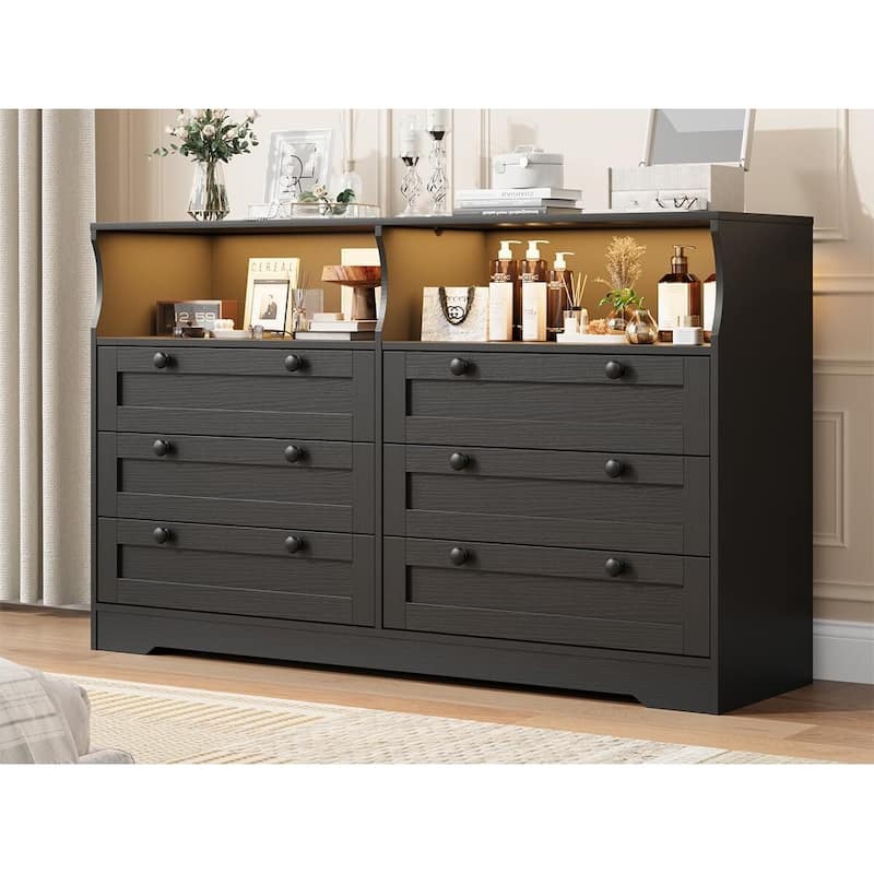 6 Drawer Dresser with RGB LED Lights & Power Outlet - Black