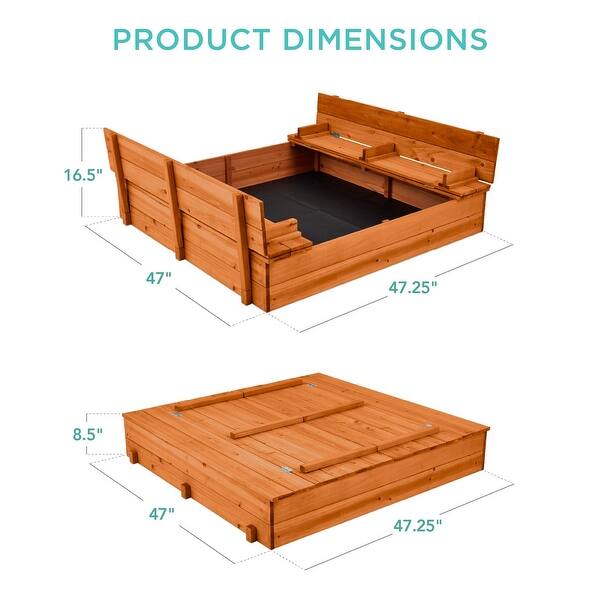 Kids' Outdoor Wooden Sandbox Large, Cedar Wood with Foldable Bench Seats and Sand Protection, Bottom Liner Included