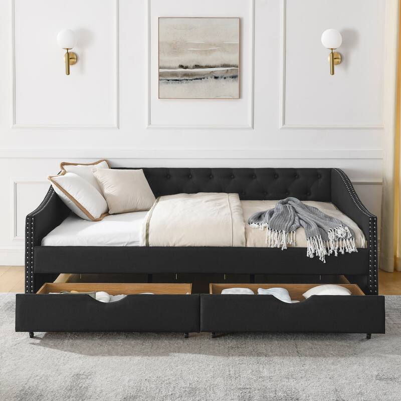 Tufted Button Daybed with 2 Storage Drawers/Upholstered Sofa Bed Frame w/Copper Nail on Waved Shape Armrests/No Spring Box Need