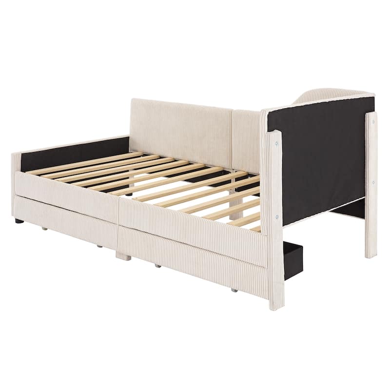 L-Shaped Corduroy Daybed,Upholstered Bed Frame with 2 Storage Drawers