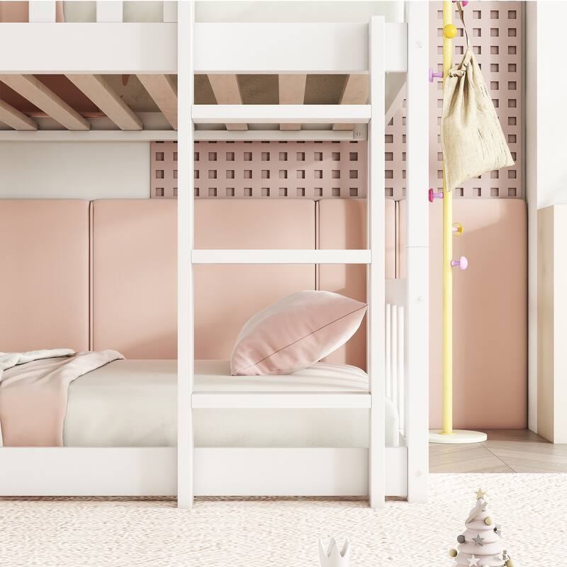 Twin Size Triple Rubber Wood Bunk Bed, with Ladders, Guardrails Detachable Bunk Bed, Twin over Twin over Twin