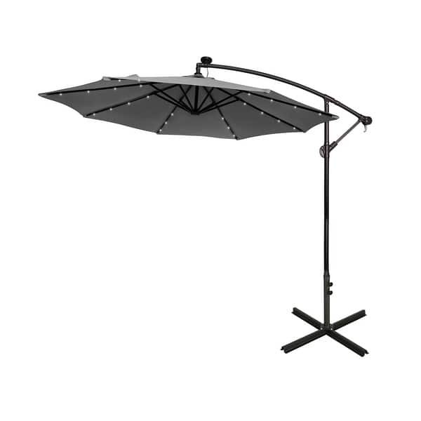 black vs light patio umbrella 10ft Cantilever with Solar & Rotation, Unleash the magic of ambient lighting with this innovative design that seamlessly combines style and sustainability 12' x 9' Rectangular Patio