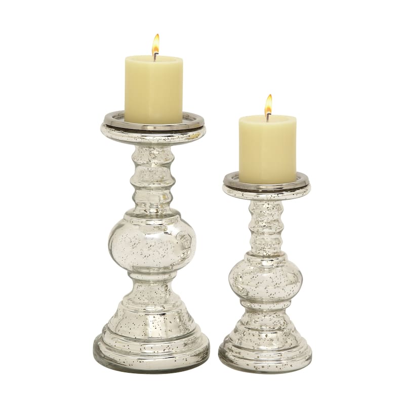 Silver Glass Handmade Turned Style Pillar Candle Holder (Set of 2)