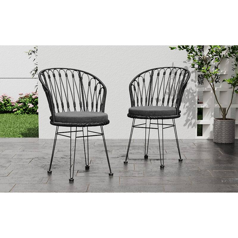 Roomfitters Set of 2 Boho Industrial Wicker Dining Chairs with Water-Resistant Cushions, Gray Rattan and Iron Hairpin Legs, Gray