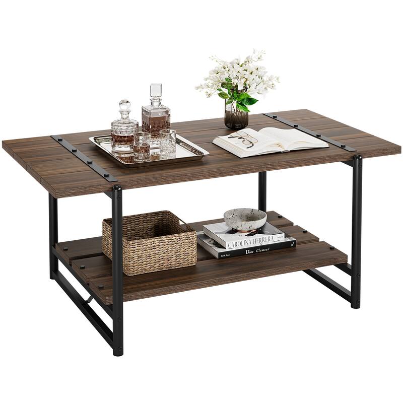 41" Large Wood Coffee Table with Storage Shelf - Brown