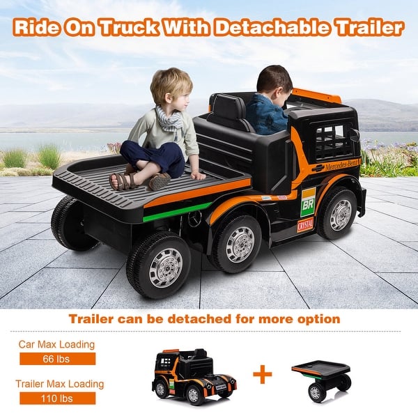 slide 2 of 13, 12V Kids Ride On Truck with Detachable Trailer, Kids Battery Powered Cars with Swing Function & RC - 56.3" x 28.3" x 26.4 " Orange-Black