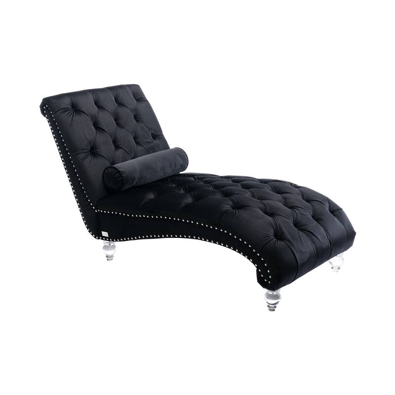 Black 63.98" Buttons Tufted Chaise Lounge Chair with Pillow