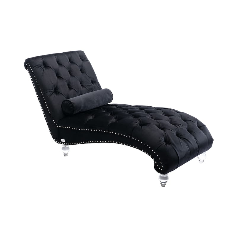 Black Modern 63.98" Upholstered Buttons Tufted Chaise Lounge Chair with Pillow and Acrylic Legs
