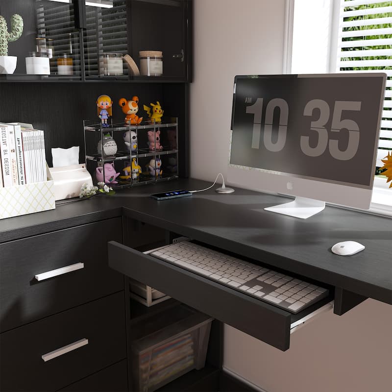 Computer Desk with Glass Cabinets & Built-In LED Lights, Corner L-Shaped Office Desk with USB Charging Ports, Keyboard Tray