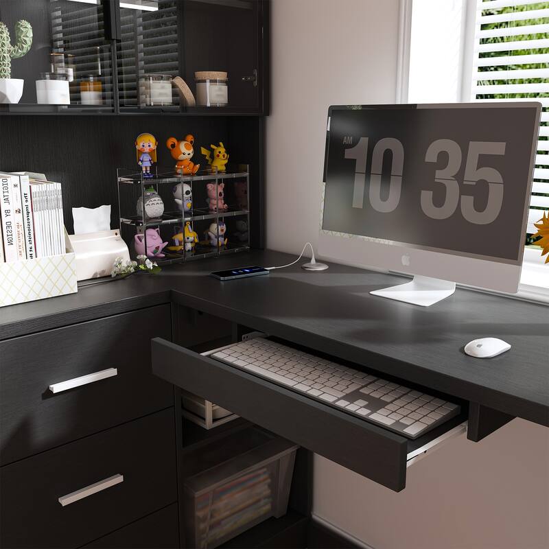 LED-Lit L-Shaped Office Desk with Glass Cabinets, USB Ports, Keyboard Tray, Wood Storage Corner Computer Desk for Home/Work