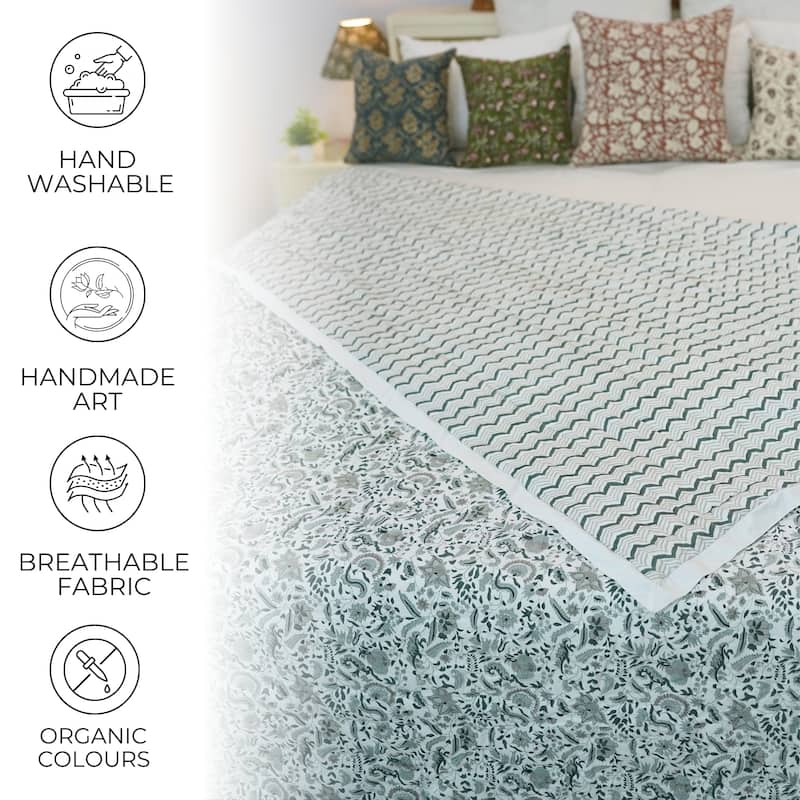 Fabdivine Handcrafted Cotton Quilt - Blue Gray Floral Traditional Block Print, Reversible Premium Bedspread for Bedroom Décor