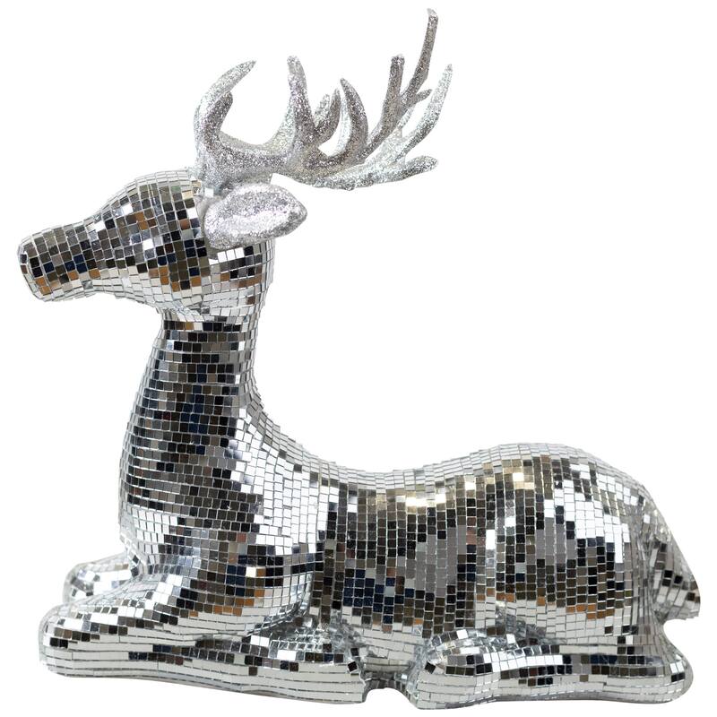 Mirrored and Glittered Sitting Deer Christmas Figure - 14.25" - Silver