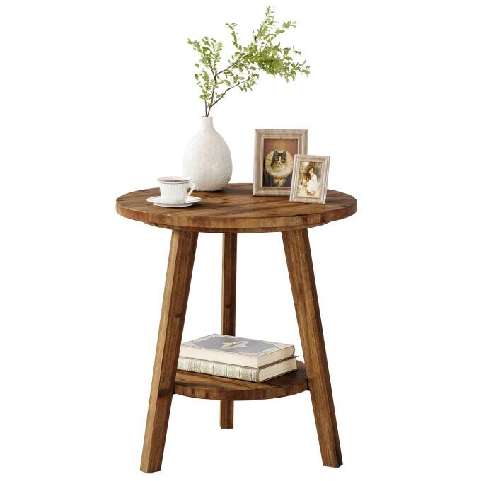 Solid Wood End Table, 2 Tiers Round Side Table, Farmhouse Nightstand