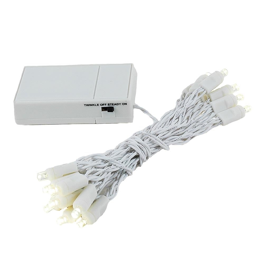 20 Light LED Battery Christmas Mini Light Set, White Wire, 7' Long