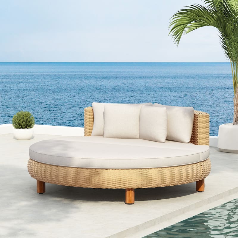 Christopher Knight Home - Jennie 63" Wicker Round Outdoor Daybed with Waterproof Cushions - Natural+Beige Cushion