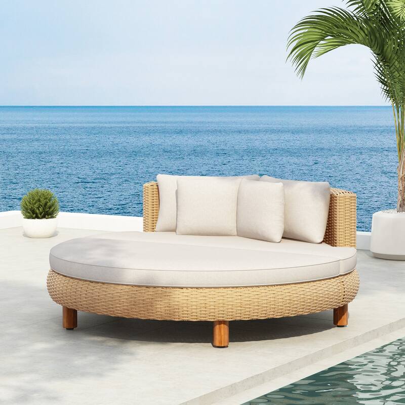 Scott Living Jennie Outdoor Round Wicker Daybed with Water-Resistant Beige Cushions - Natural+Beige