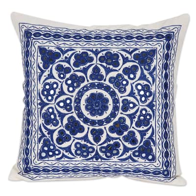 Novica Handmade Royal Blue Embroidered Cotton Cushion Cover
