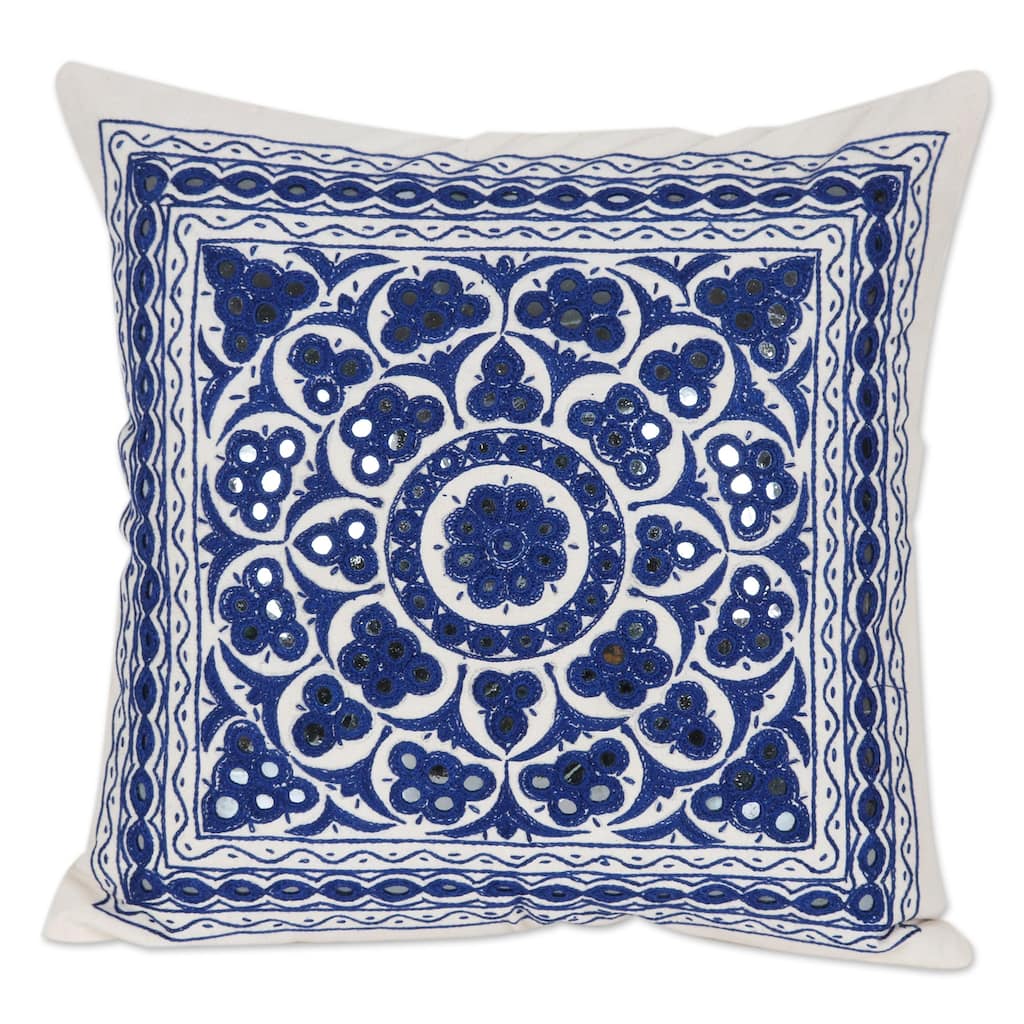 Novica Handmade Royal Blue Embroidered Cotton Cushion Cover