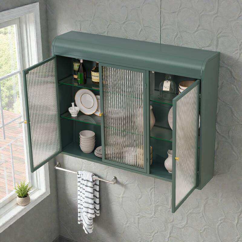 Arched 3-Door Wall Mounted Glass Cabinet for Kitchen, Bathroom and Living Room Storage Display