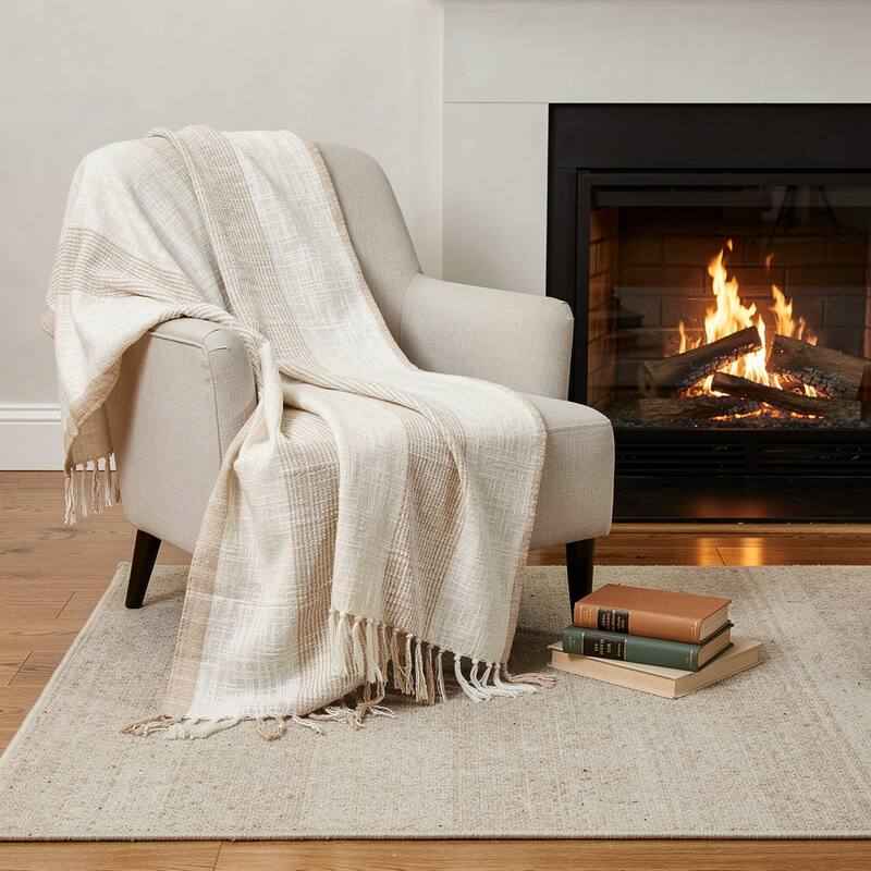 HomeRoots 50" X 60" Ivory Cotton Woven Striped Throw Blanket with Fringe - Throw - Ivory