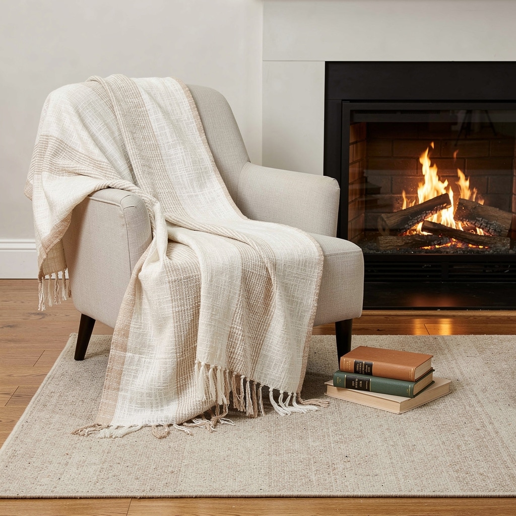 HomeRoots 50" X 60" Ivory Cotton Woven Striped Throw Blanket with Fringe
