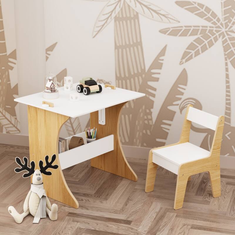 Kids Table Set With One Chair,Multifunctional Wooden Children Study Table-Convertible Tabletop For Study