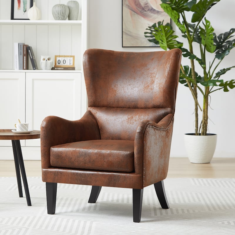 Roomfitters High Back Wingback Accent Chair with Studded Trim, Upholstered Armchair for Living Room, Bedroom and Study, Brown - Brown