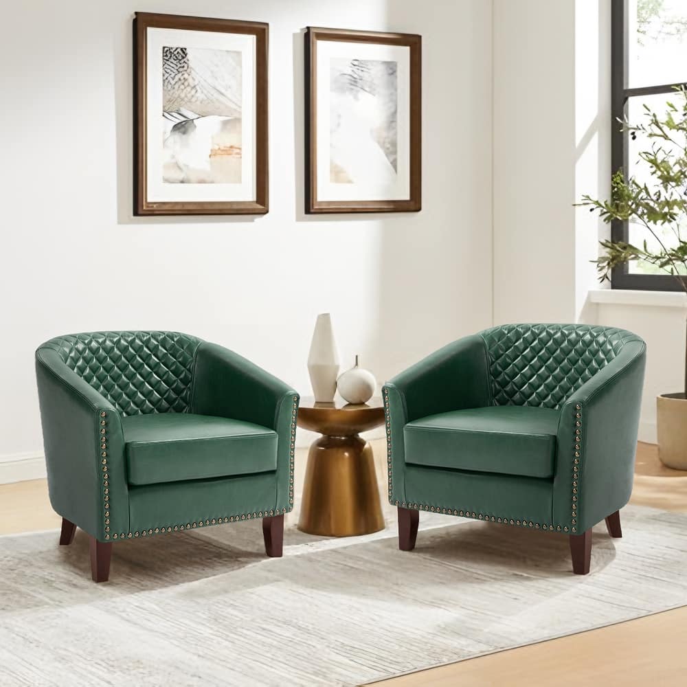 2 Set 29" W Vegan Leather Barrel Accent Chairs with Nailheads Trim
