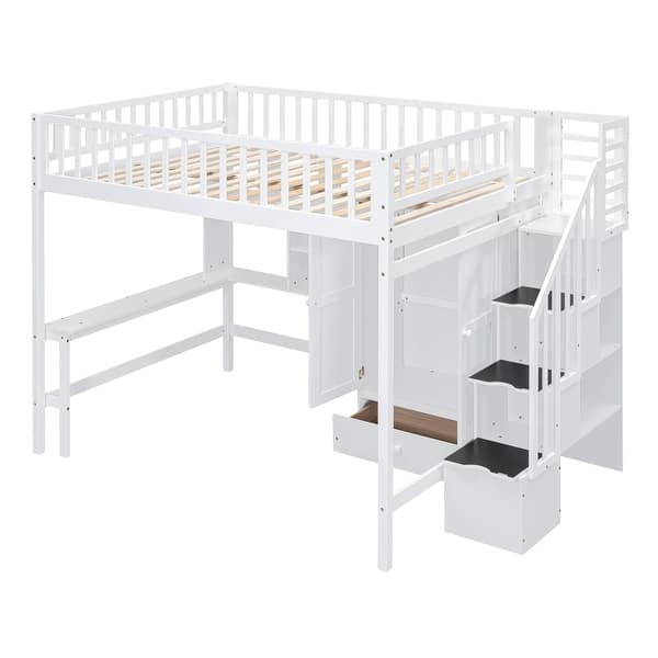 slide 2 of 13, Wooden Full Loft Bed with Desk, Wardrobe & Bookshelf, Stairway Loftbed Wood Bedframe with Drawers for Kids Teens Adults Bedroom White - Full
