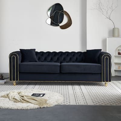 86'' Luxury Modern Tufted Black Velvet Sofa with 2 Toss Pillows